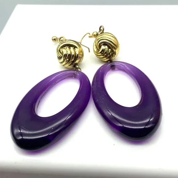 Unique Elongated Hoop Dangle Earrings, Gold Tone Vintage Knot drops to Purple - Picture 4 of 5